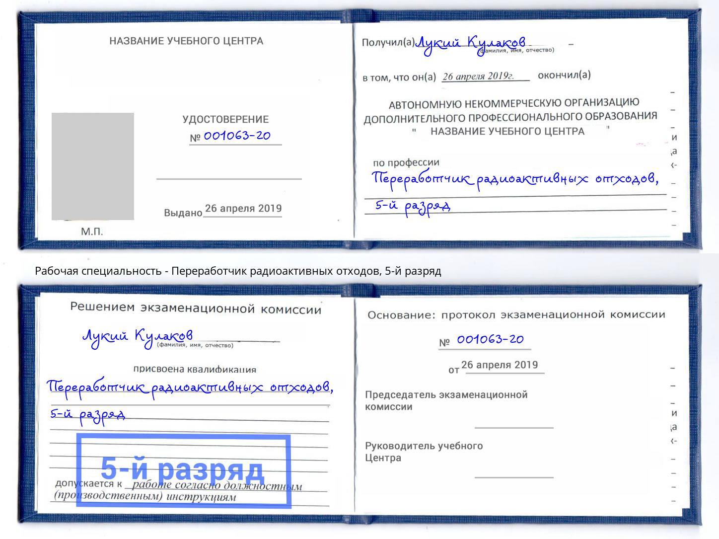 корочка 5-й разряд Переработчик радиоактивных отходов Удомля