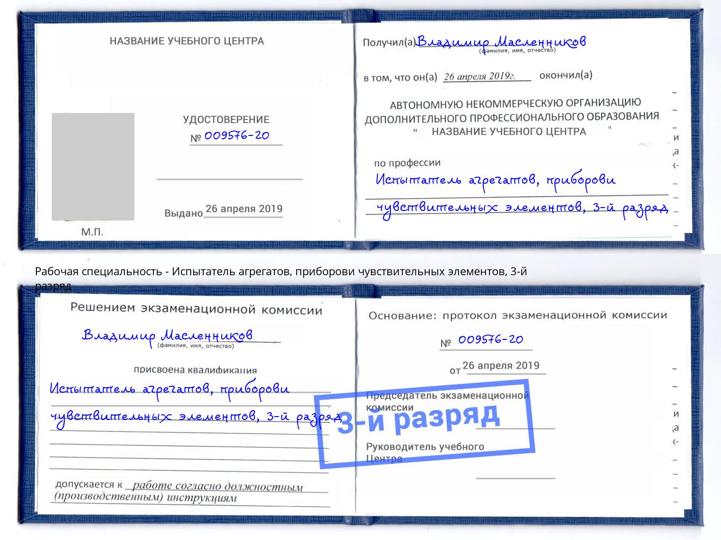 корочка 3-й разряд Испытатель агрегатов, приборови чувствительных элементов Удомля