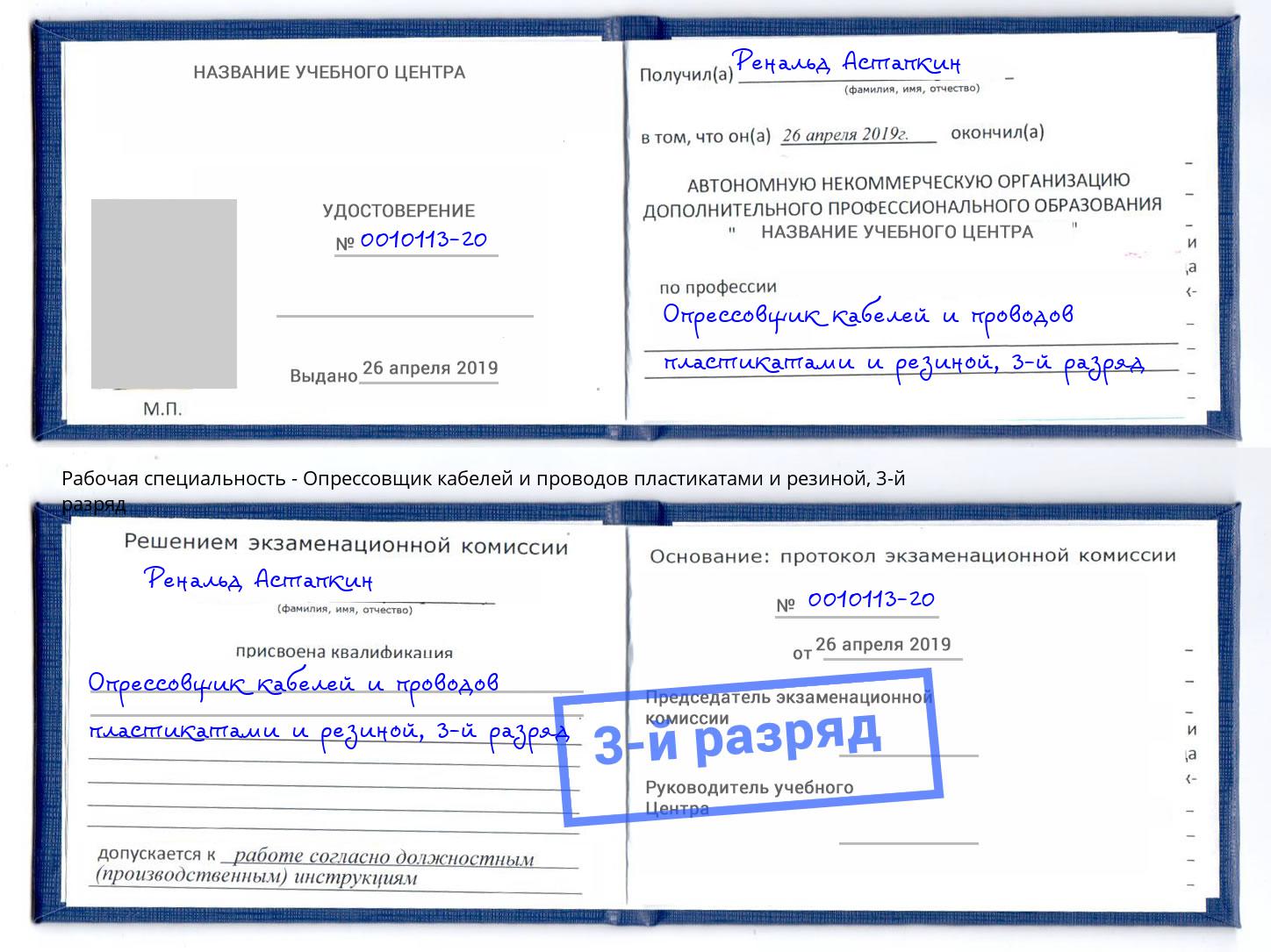 корочка 3-й разряд Опрессовщик кабелей и проводов пластикатами и резиной Удомля