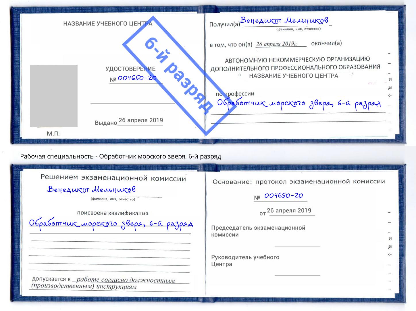 корочка 6-й разряд Обработчик морского зверя Удомля