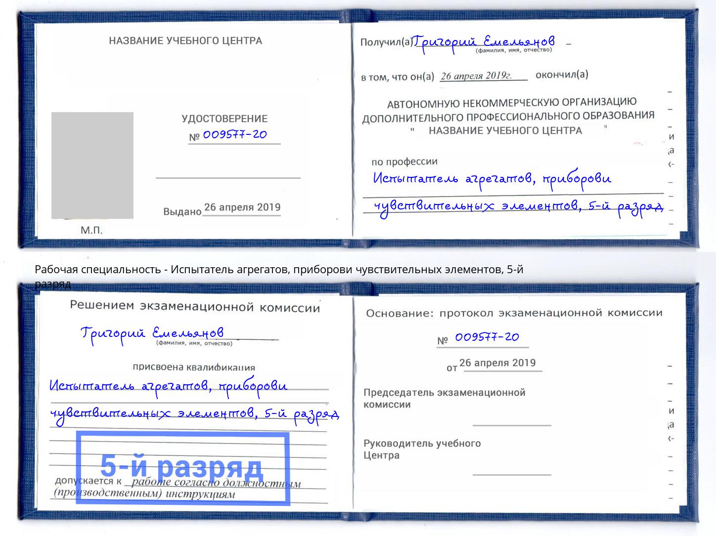 корочка 5-й разряд Испытатель агрегатов, приборови чувствительных элементов Удомля