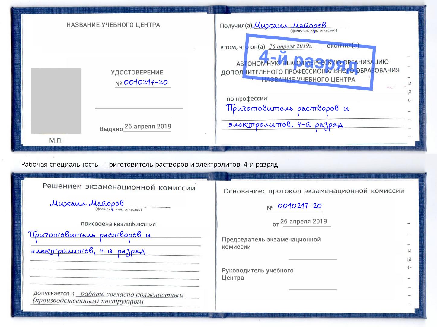 корочка 4-й разряд Приготовитель растворов и электролитов Удомля