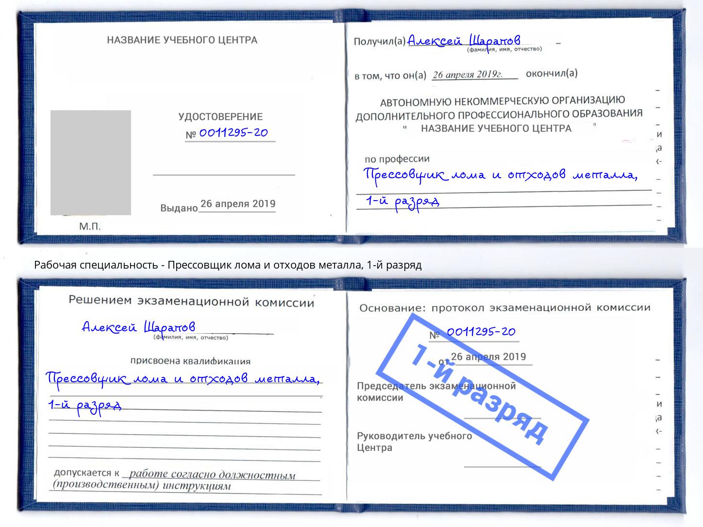 корочка 1-й разряд Прессовщик лома и отходов металла Удомля