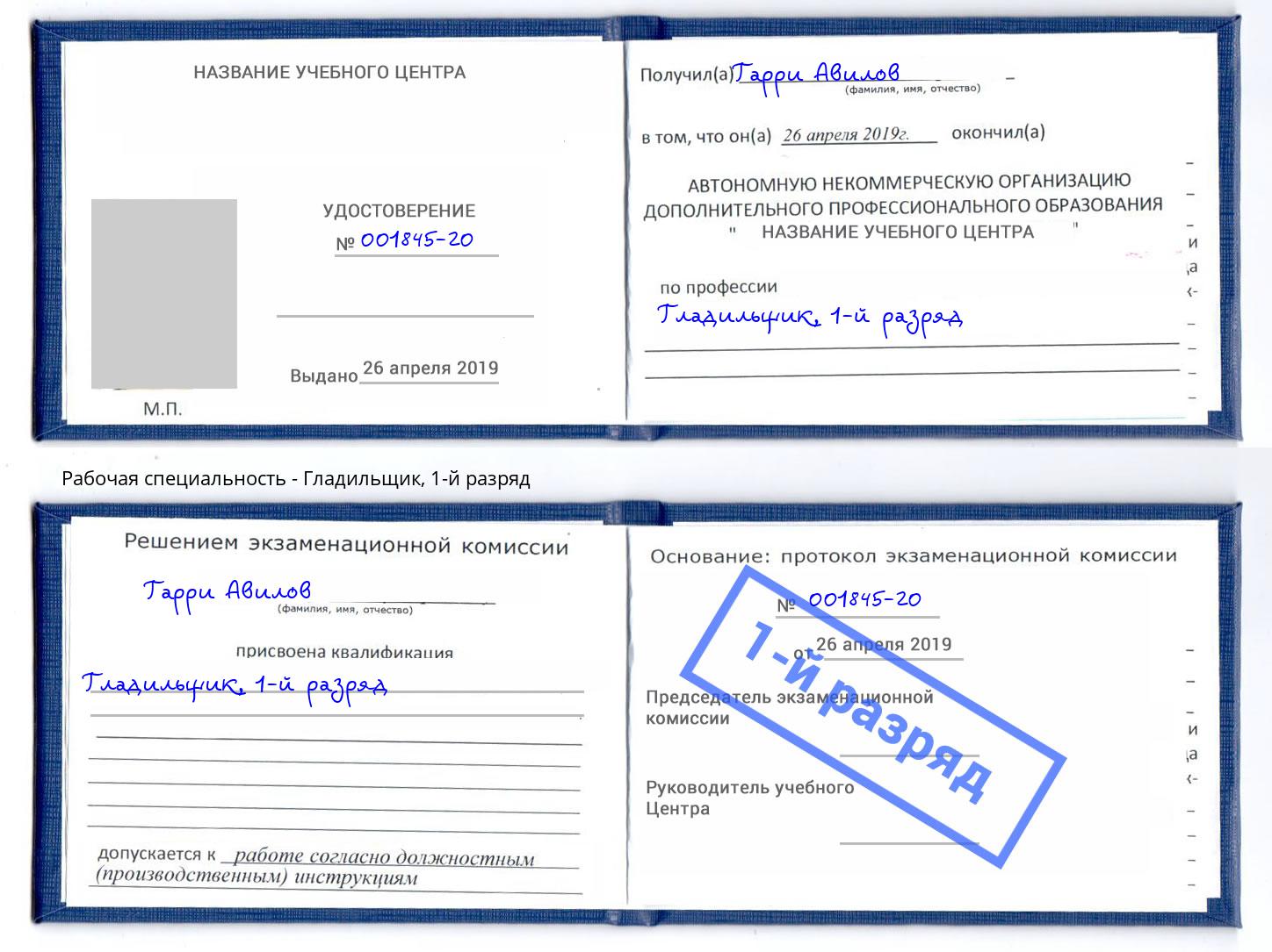 корочка 1-й разряд Гладильщик Удомля