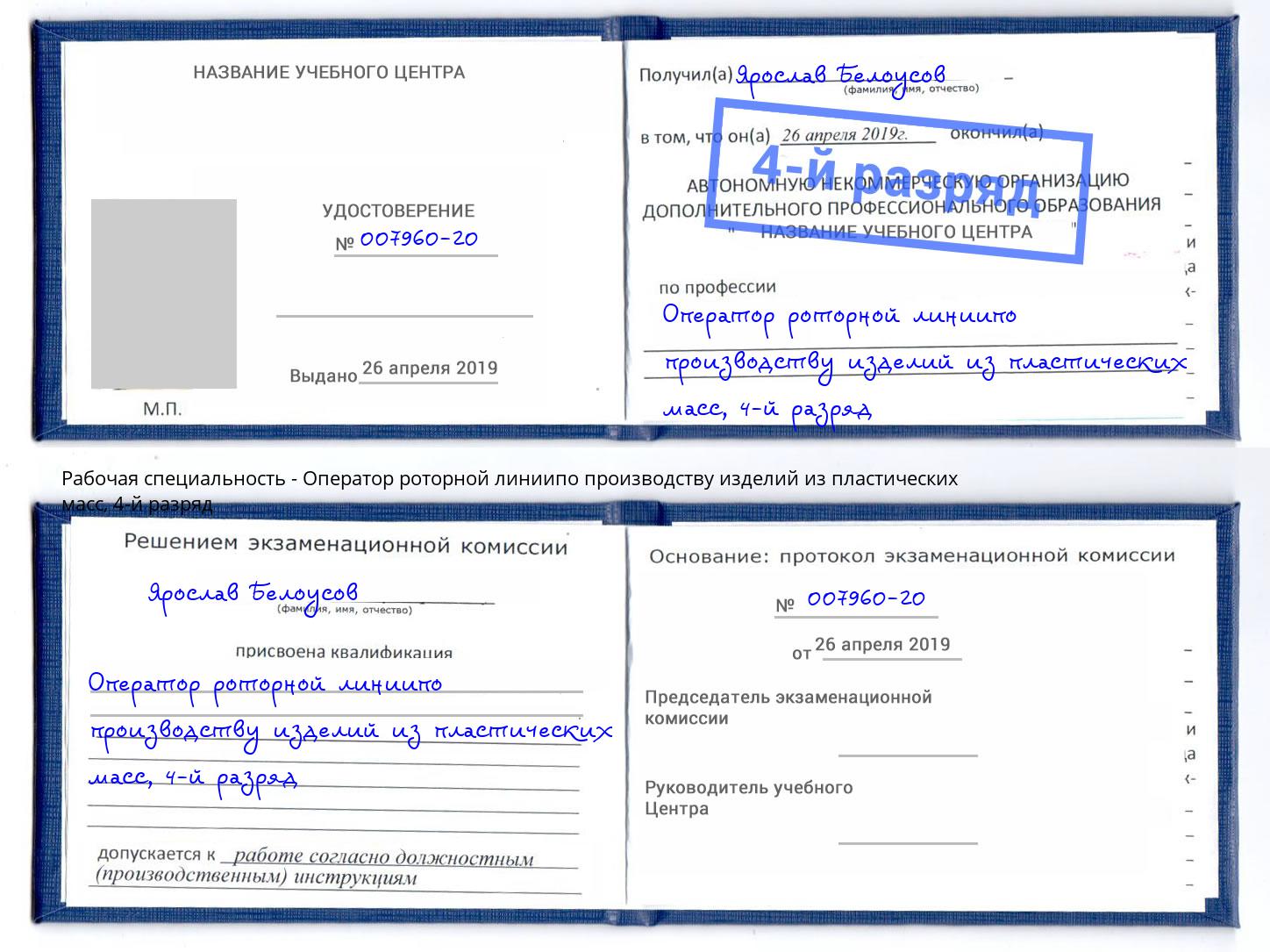 корочка 4-й разряд Оператор роторной линиипо производству изделий из пластических масс Удомля