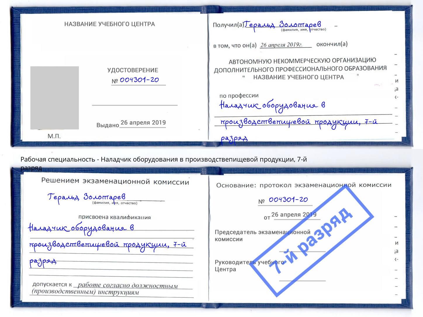 корочка 7-й разряд Наладчик оборудования в производствепищевой продукции Удомля