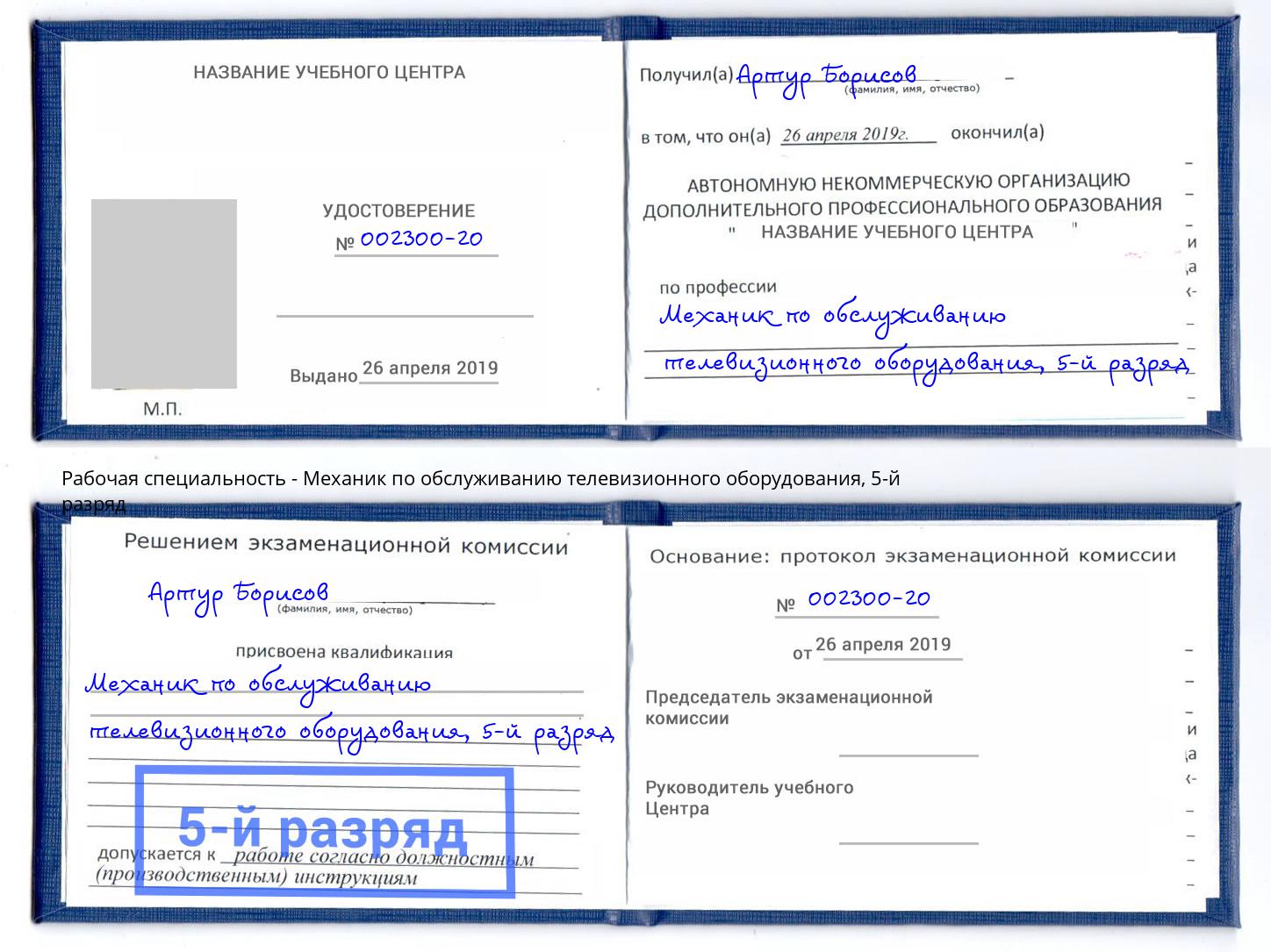 корочка 5-й разряд Механик по обслуживанию телевизионного оборудования Удомля